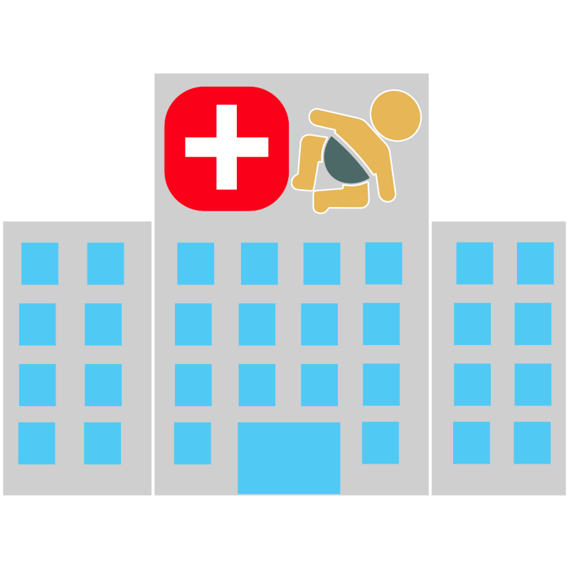  a hospital with a tall central building and two shorter buildings, one on each side. On the hospital sign there is a white cross in a red square and a baby wearing a diaper